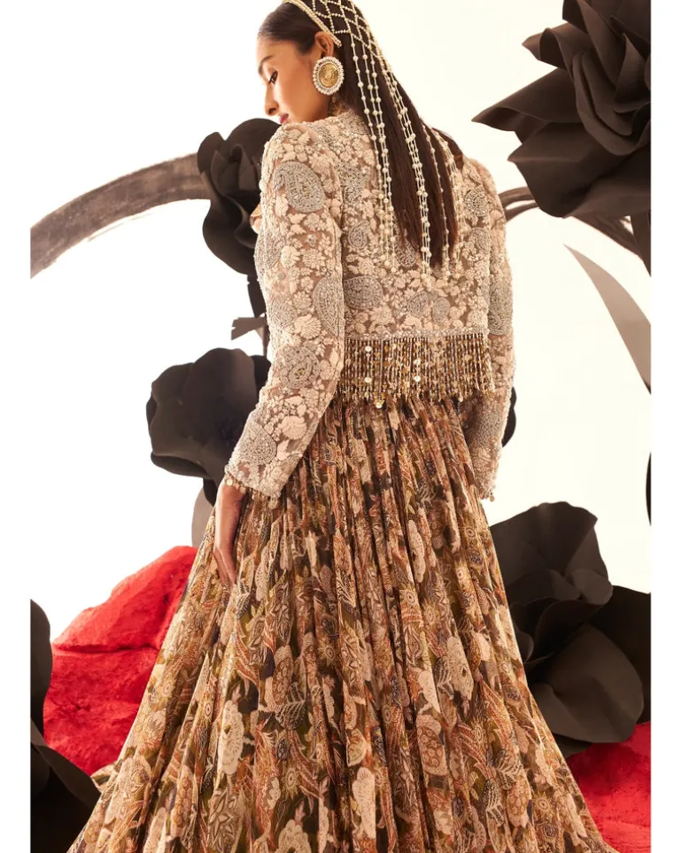 Abstract Floral Bow Blouse Skirt With Embroidered Jacket