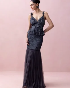 Aegean Blue Organza Peplum and Mermaid Skirt Set
