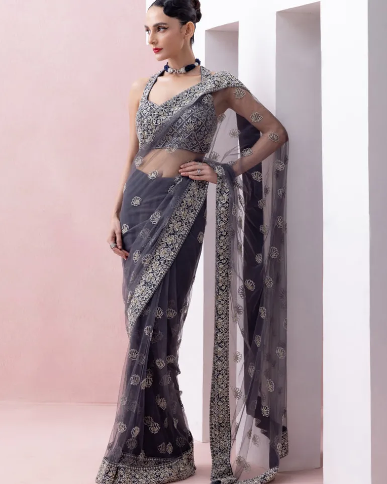 Aegean Blue Tulle Sari With Organza Border And Razorback Blouse