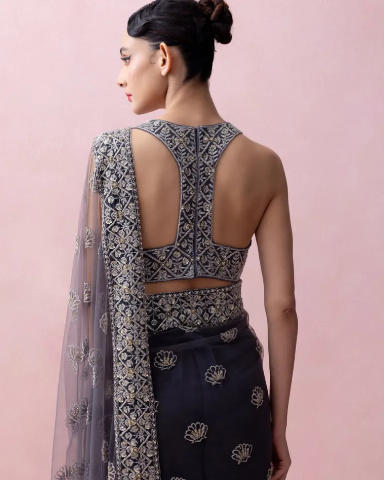 Aegean Blue Tulle Sari With Organza Border And Razorback Blouse