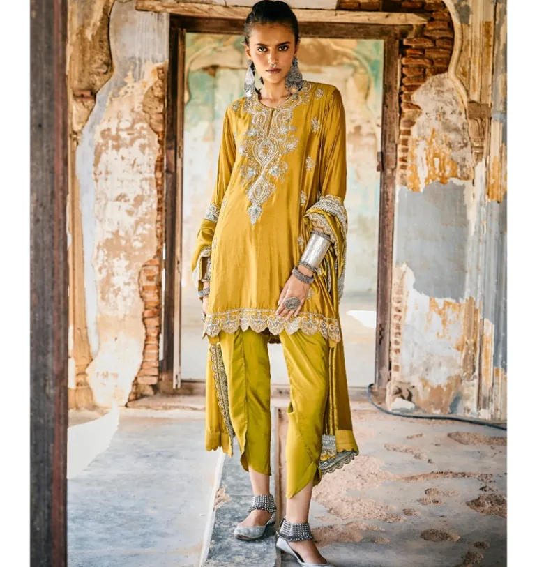 Akesha Mustard Embroidered Tunic Set