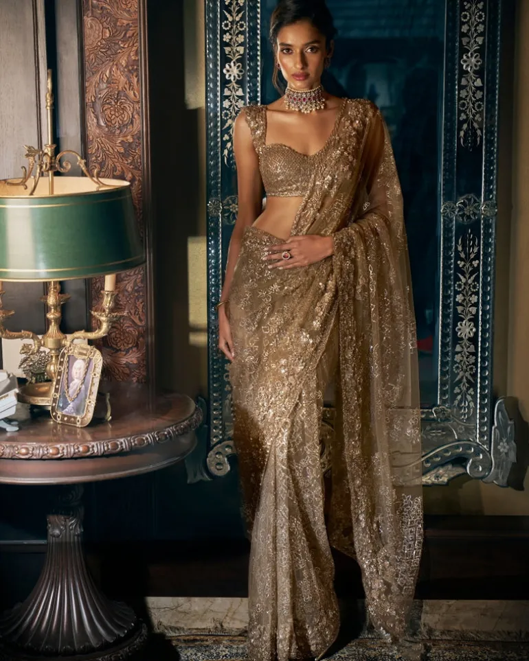 Antique Gold Sequin Sari Set