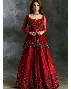 Antique Gold Sequins Raw Silk Lehenga With Peplum Work Blouse