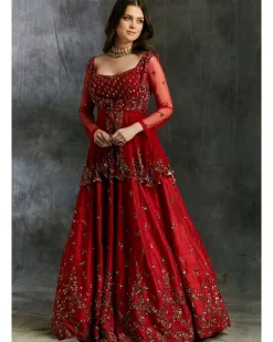 Antique Gold Sequins Raw Silk Lehenga With Peplum Work Blouse