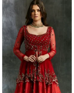 Antique Gold Sequins Raw Silk Lehenga With Peplum Work Blouse