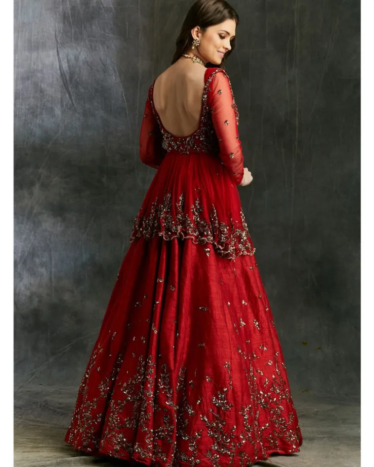 Antique Gold Sequins Raw Silk Lehenga With Peplum Work Blouse