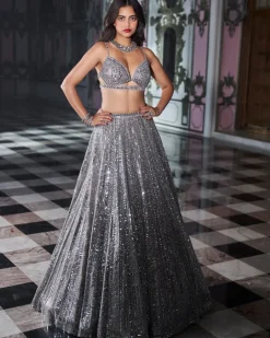 Antique Silver Mirror Work Lehenga Set