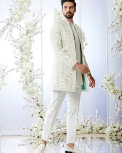 Antique Silver Open Sherwani Set