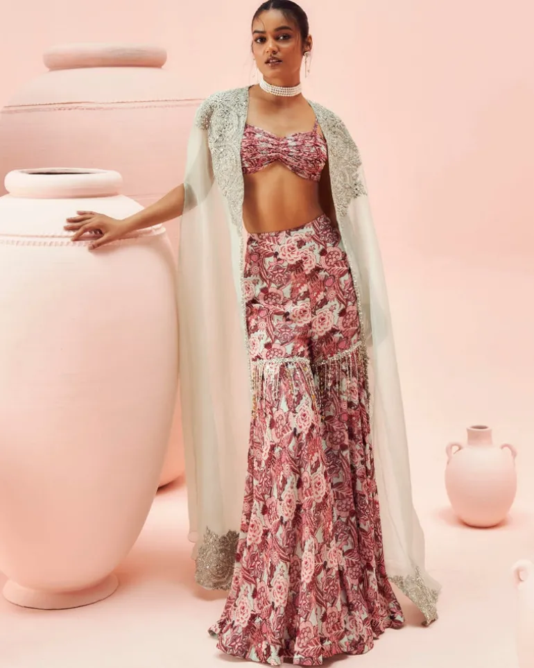 Aqua Abstract Floral Gharara And Cape Set