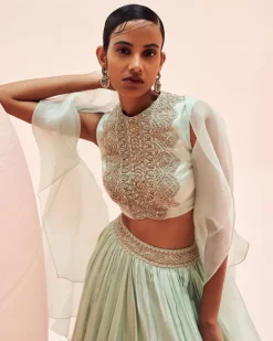 Aqua Lehenga And Cape Set