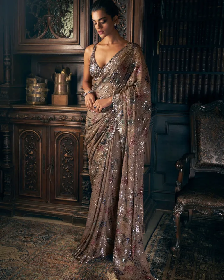 Ash Grey Sequin Sari Set