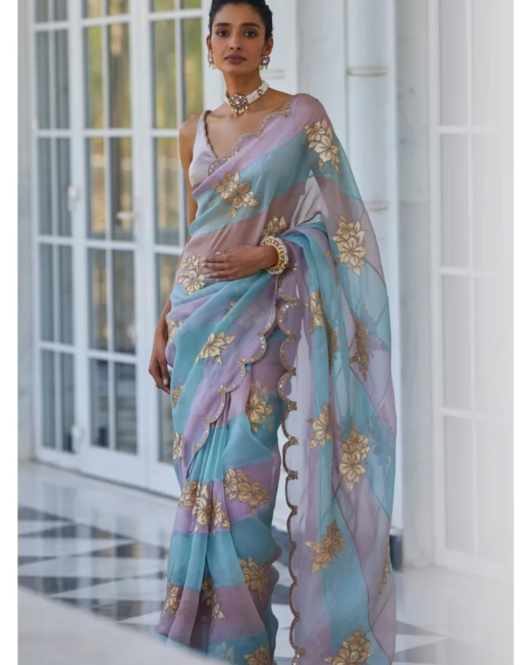 Ash Pink Flower Sari Set