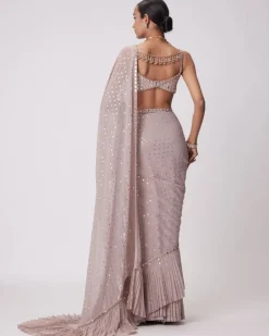 Ash Pink Georgette Frill Sari Set
