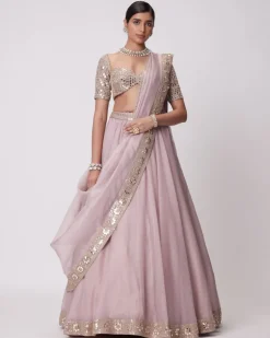 Ash Pink Mirror Hand Embroidered Lehenga Set