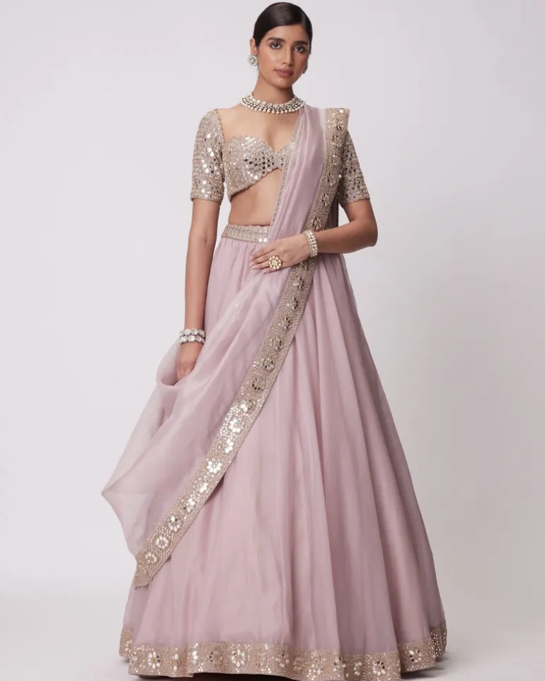 Ash Pink Mirror Hand Embroidered Lehenga Set