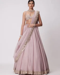 Ash Pink Mirror Hand Embroidered Lehenga Set