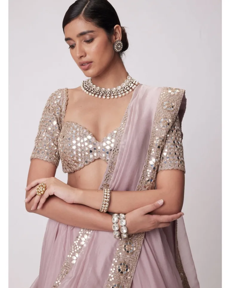 Ash Pink Mirror Hand Embroidered Lehenga Set
