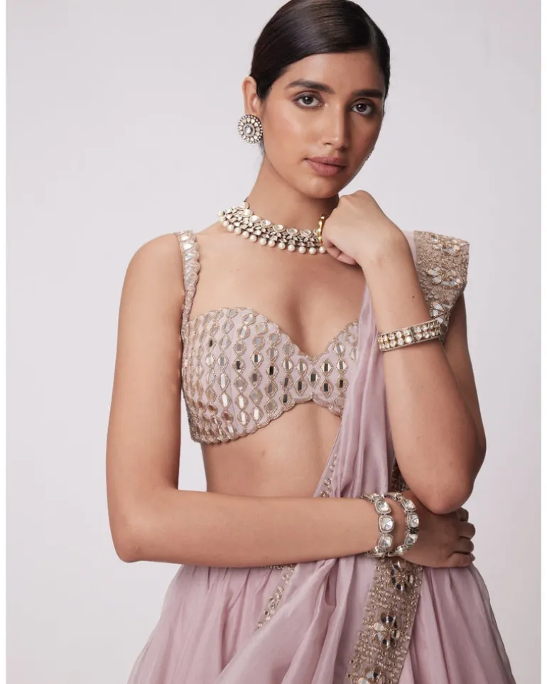Ash Pink Mirror Hand Embroidered Lehenga Set