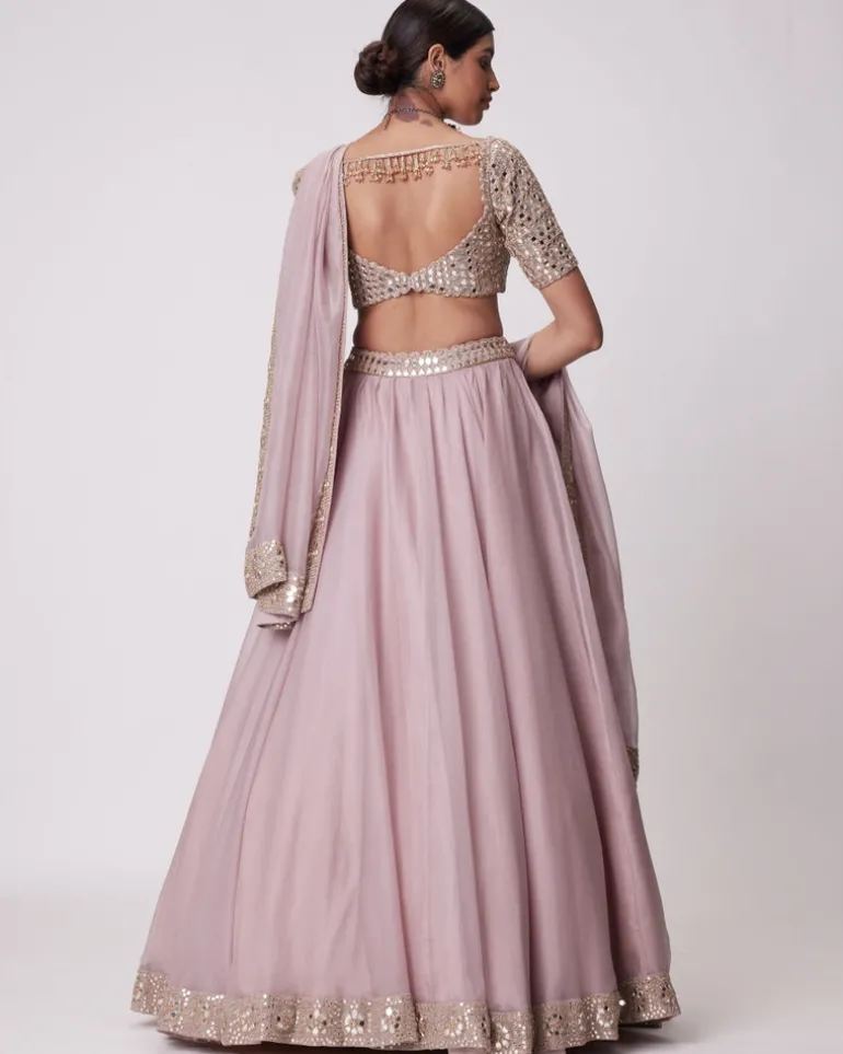 Ash Pink Mirror Hand Embroidered Lehenga Set