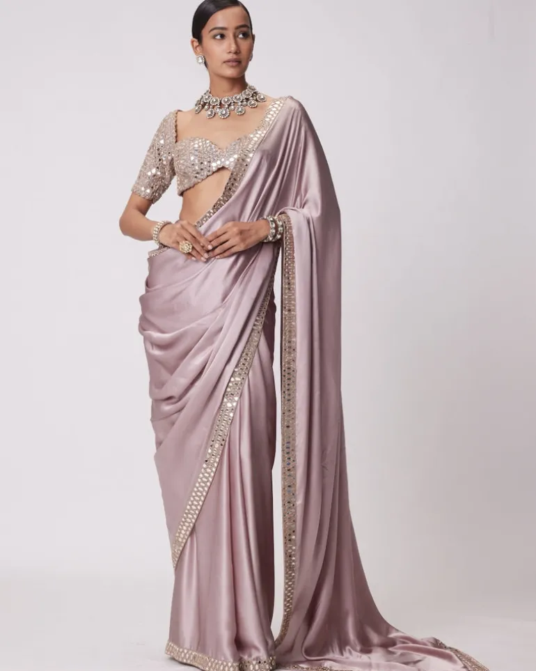 Ash Pink Satin Sari Set