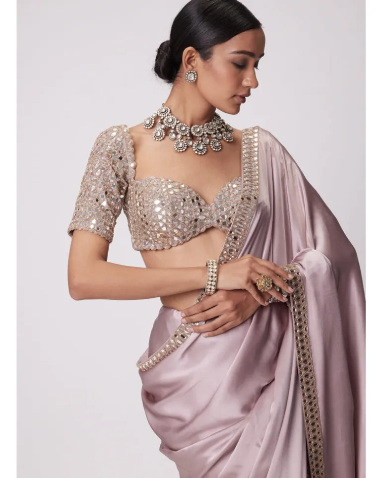 Ash Pink Satin Sari Set