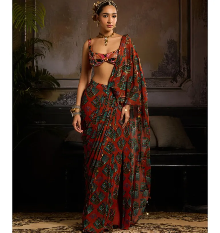 Autumn Blaze Draped Sari Set