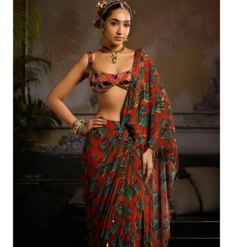 Autumn Blaze Draped Sari Set