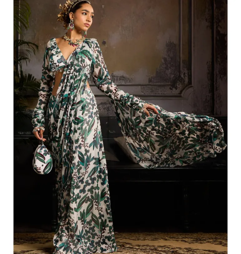 Azure Drift Draped Pant Sari Set