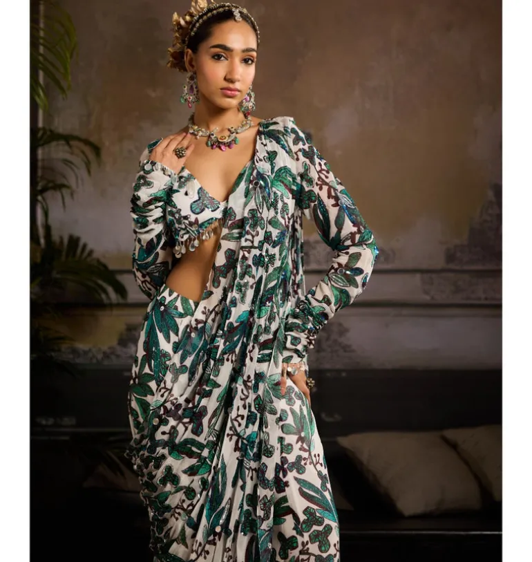 Azure Drift Draped Pant Sari Set