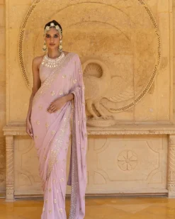 Baby Orchid Mirror & Sequins Embroidered Sari Set