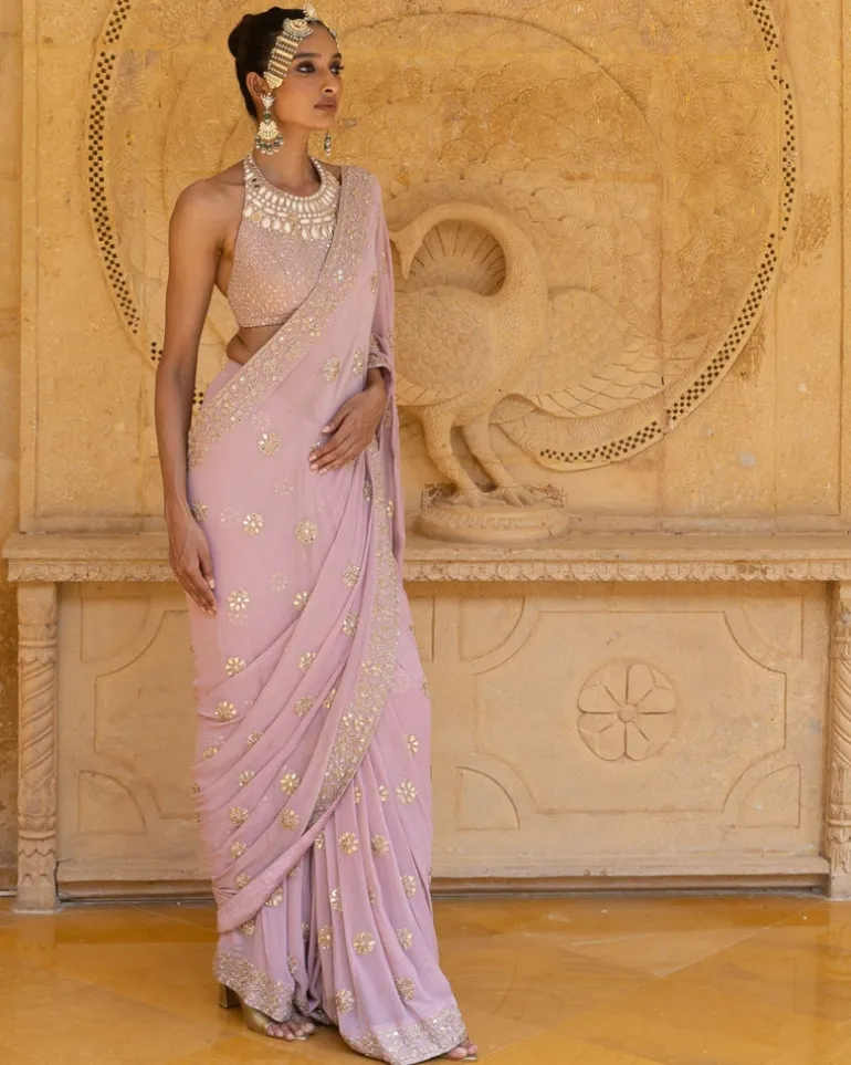 Baby Orchid Mirror & Sequins Embroidered Sari Set
