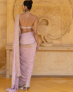 Baby Orchid Mirror & Sequins Embroidered Sari Set