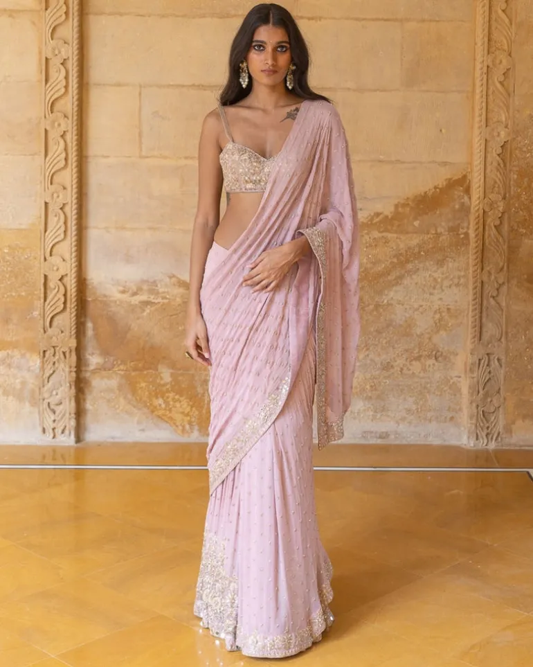 Baby Orchid Mirror & Thread Embroidered Sari Set