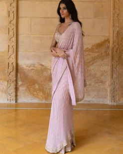Baby Orchid Mirror & Thread Embroidered Sari Set