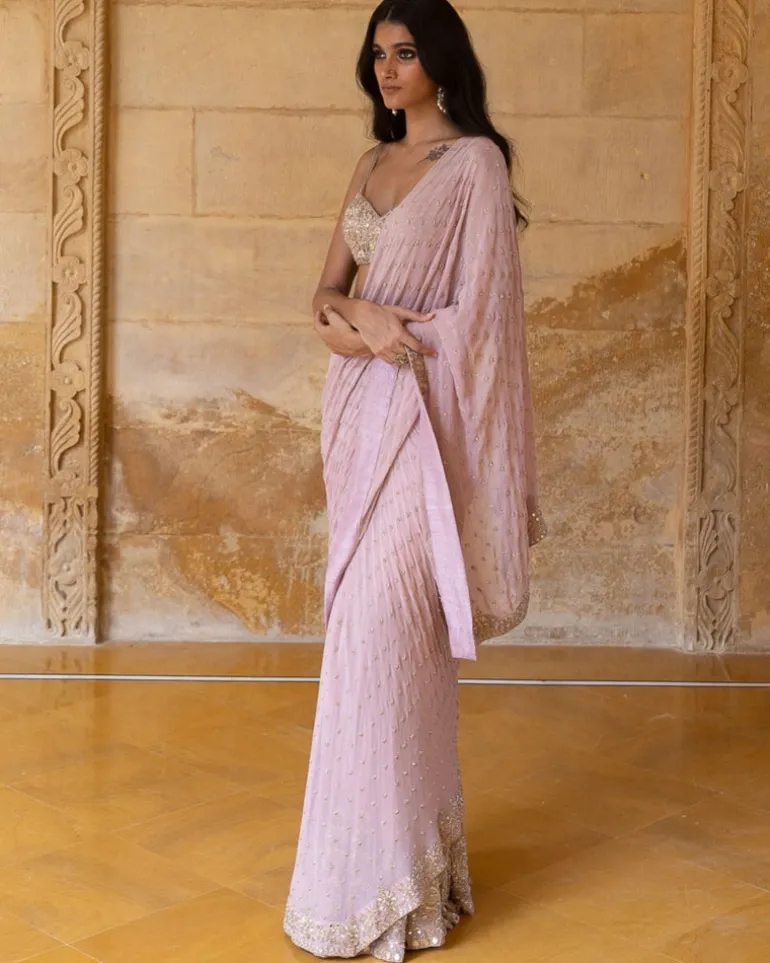 Baby Orchid Mirror & Thread Embroidered Sari Set