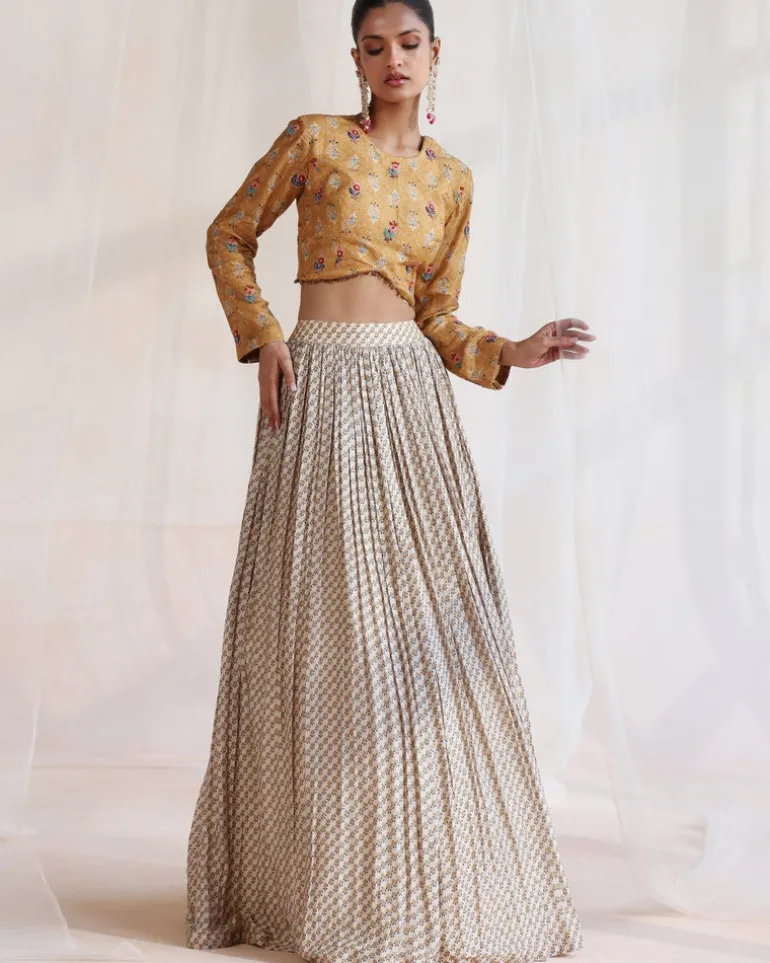 Beige & Mustard Embroidered Lehenga Set
