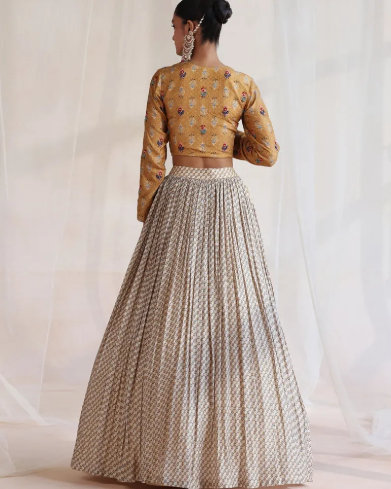 Beige & Mustard Embroidered Lehenga Set
