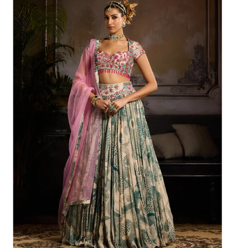 Beige & Teal Lehenga Set