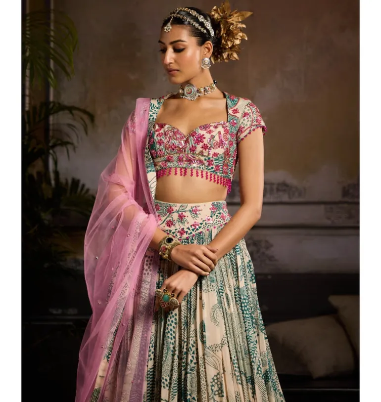Beige & Teal Lehenga Set