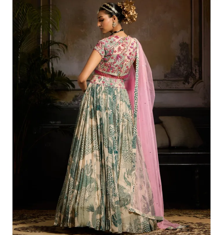 Beige & Teal Lehenga Set