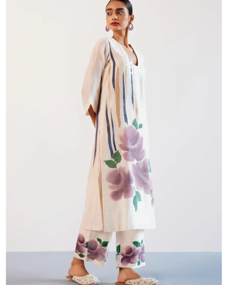 Beige And Mauve Silk Chanderi Hand-Painted Embroidered Kurta Set
