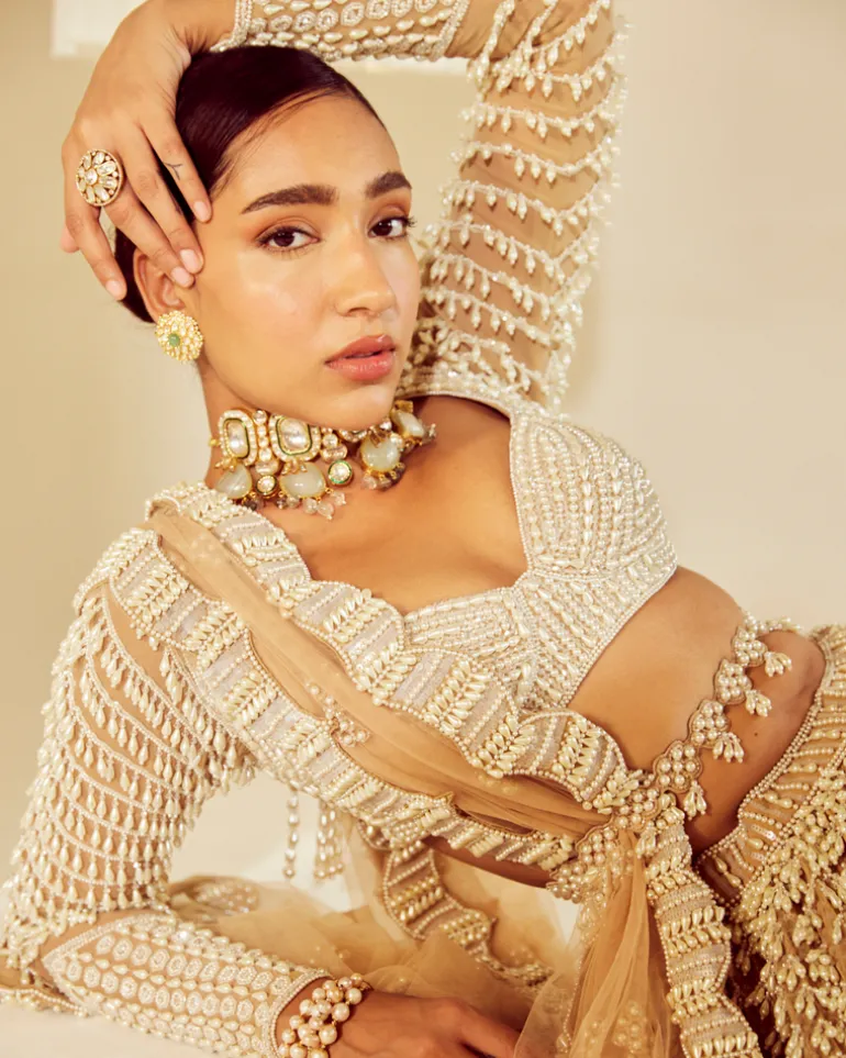 Beige Chandelier Pearl Embellished Lehenga Set
