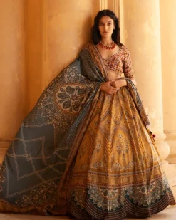 Beige Embroidered Blouse with Mustard Lehenga Set