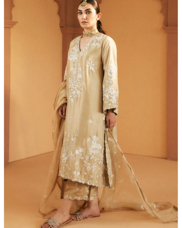 Beige Embroidered Kurta And Izaar Set