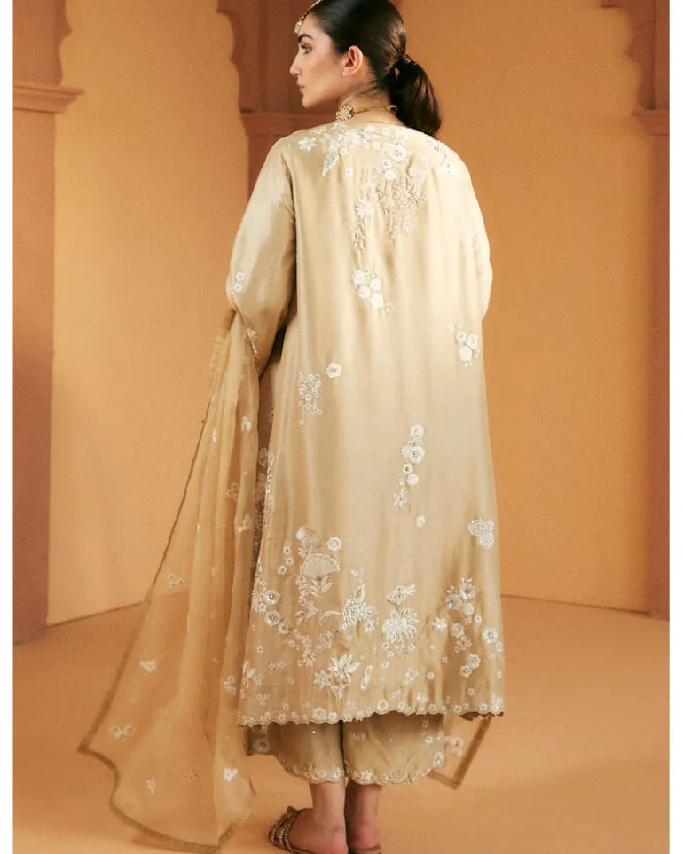 Beige Embroidered Kurta And Izaar Set