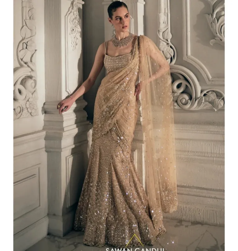 Beige Gold Fishcut Pre-Drape Sari Set