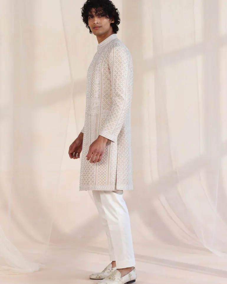 Beige Heavily Embroidered Sherwani Set