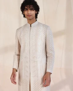 Beige Heavily Embroidered Sherwani Set