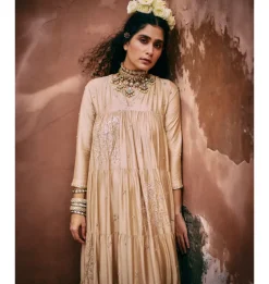 Beige Modal Embroidered Tiered Anarkali Set
