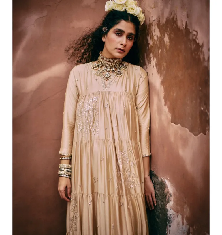 Beige Modal Embroidered Tiered Anarkali Set